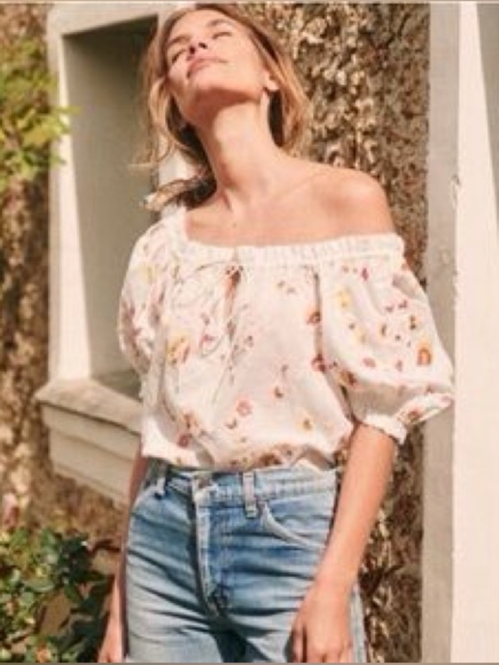 Sezane White Floral Off-Shoulder Blouse